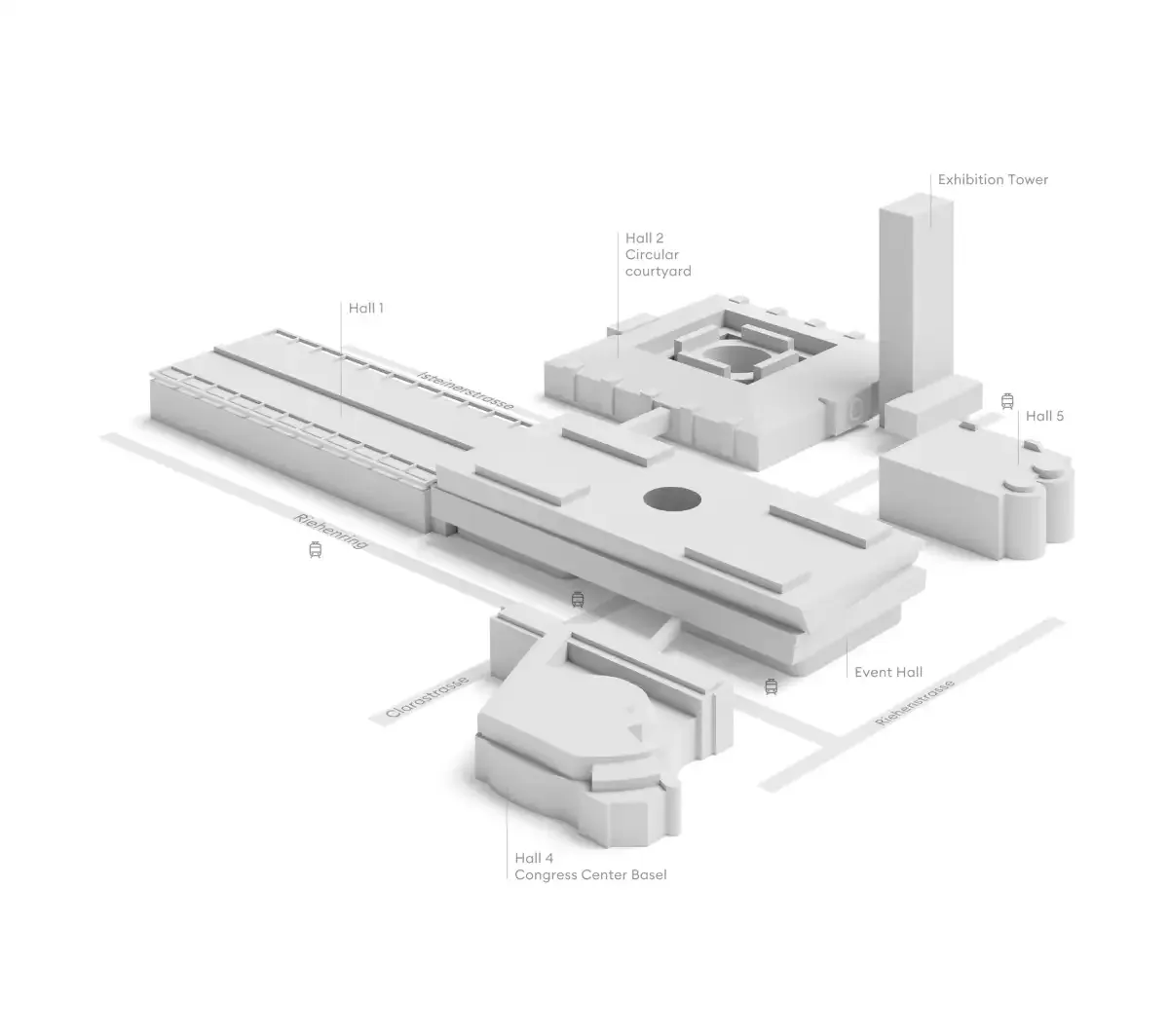 An isometric plan of Messe Basel: halls 1, 2, 4 and 5, the congress center, the exhibition tower and the tram stops around Messeplatz.